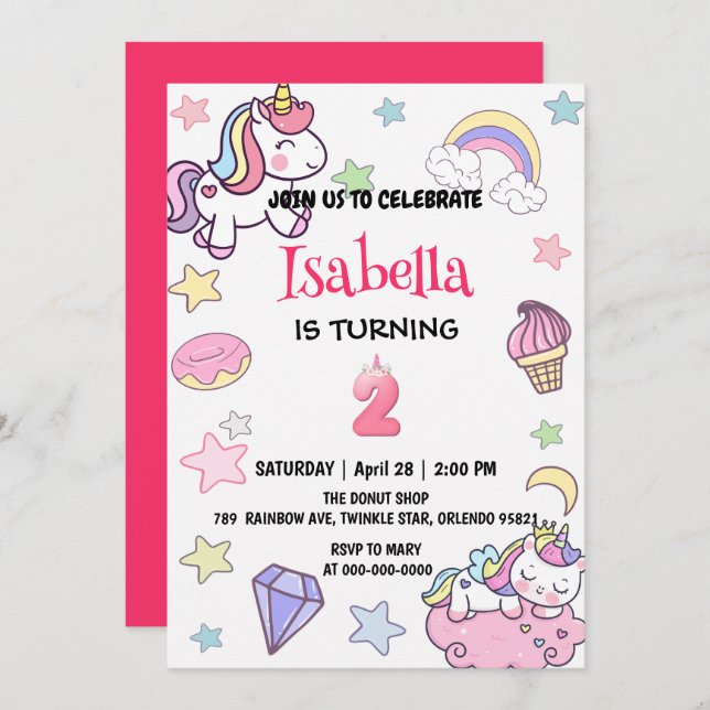 Cute Magical Rainbow Unicorn 2nd Birthday Party  Invitation (Front/Back)