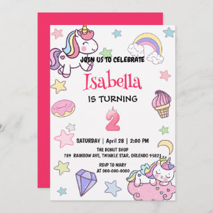 Cute Magical Rainbow Unicorn 2nd Birthday Party  Invitation