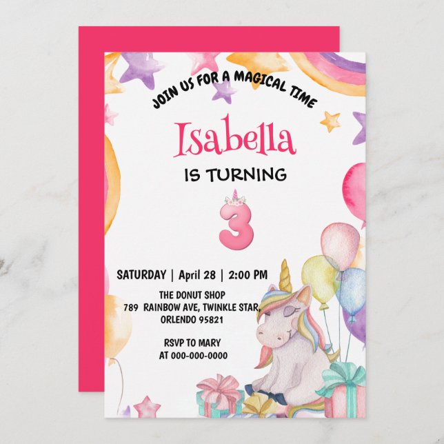 Cute Magical Rainbow Unicorn 3rd Birthday Party  Invitation (Front/Back)