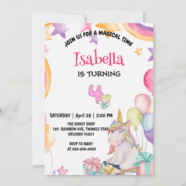 Cute Magical Rainbow Unicorn 4th Birthday Party  Invitation (Front)