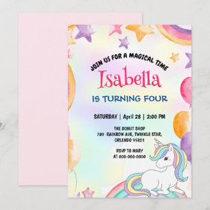 Cute Magical Rainbow Unicorn Birthday Party  Invitation