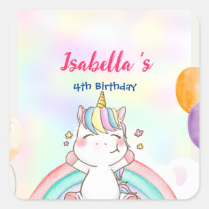 Cute Magical Rainbow Unicorn Happy Birthday Party Square Sticker