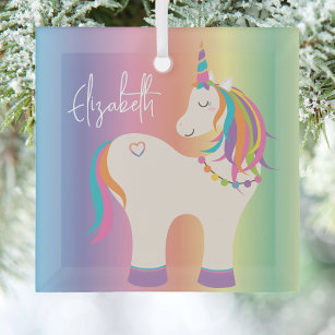 Cute Magical Rainbow Unicorn Personalised Name Glass Tree Decoration
