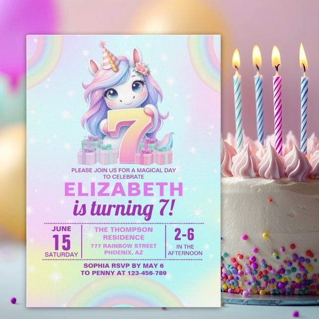 Cute Magical Unicorn 7th Birthday – Rainbow  Invitation (Creator Uploaded)