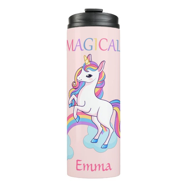Cute Magical Unicorn And Rainbow Pink  Thermal Tumbler (Front)