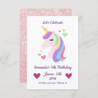 Cute Magical Unicorn & Hearts Birthday Invitation