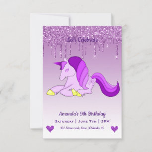 Cute Magical Unicorn & Hearts Birthday Invitation