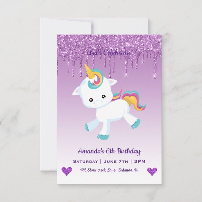 Cute Magical Unicorn & Hearts Birthday Invitation (Front)