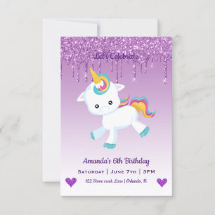 Cute Magical Unicorn & Hearts Birthday Invitation