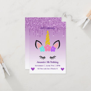 Cute Magical Unicorn & Hearts Birthday Invitation