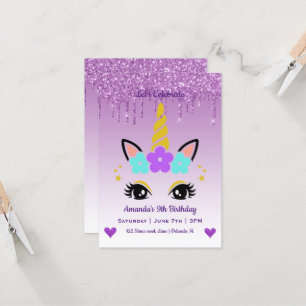 Cute Magical Unicorn & Hearts Birthday Invitation