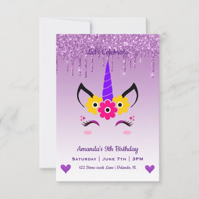 Cute Magical Unicorn & Hearts Birthday Invitation (Front)