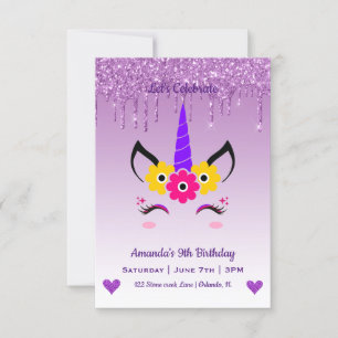 Cute Magical Unicorn & Hearts Birthday Invitation