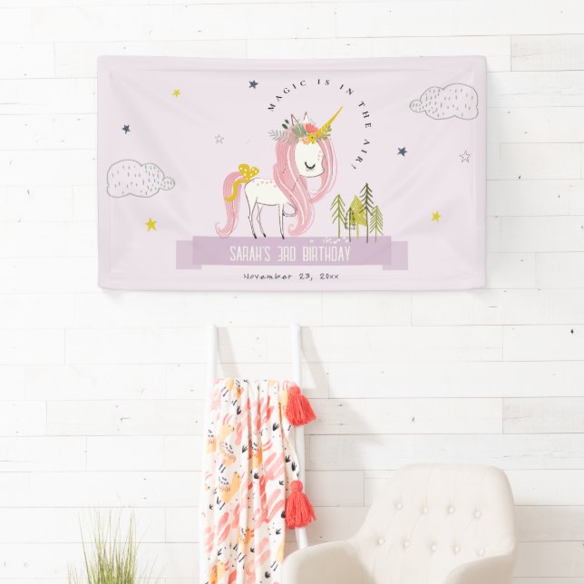 Cute Magical Unicorn Lilac Purple Kids Birthday Banner (Insitu)