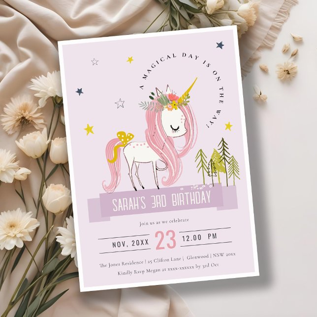 Cute Magical Unicorn Lilac Purple Kids Birthday Invitation (Creator Uploaded)