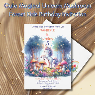 Cute Magical Unicorn Mushroom Forest Kids Birthday Invitation