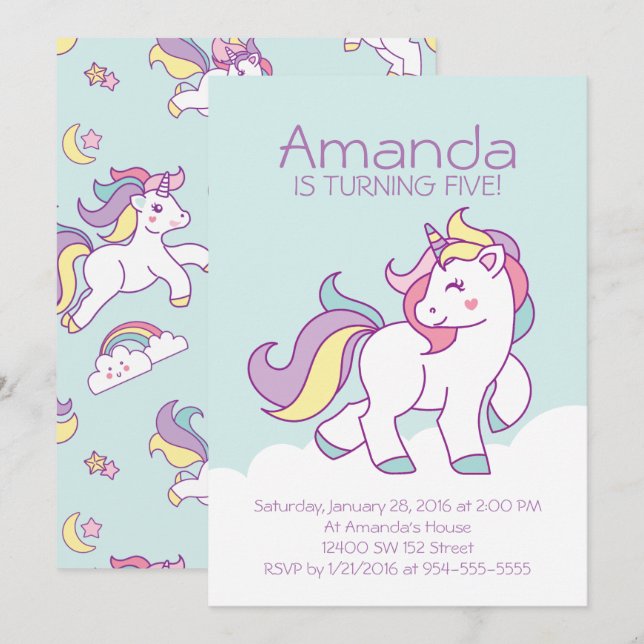 Cute Magical Unicorn Pastel GIRL Animals Birthday Invitation (Front/Back)