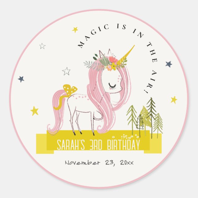 Cute Magical Unicorn Pink Yellow Kids Birthday Classic Round Sticker (Front)