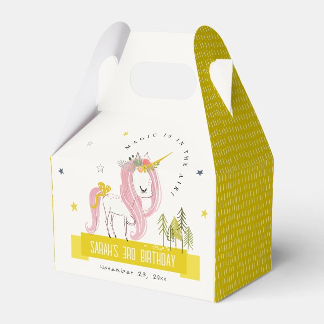 Cute Magical Unicorn Pink Yellow Kids Birthday Favour Box (Front Side)
