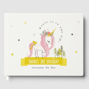 Cute Magical Unicorn Pink Yellow Kids Birthday Guest Book