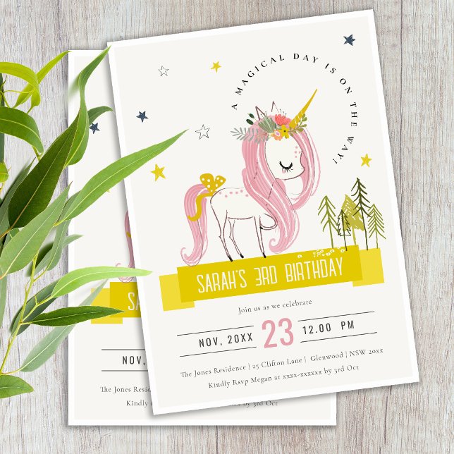 Cute Magical Unicorn Pink Yellow Kids Birthday Invitation (Creator Uploaded)