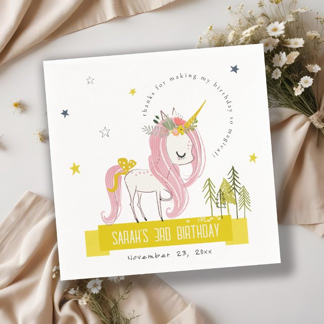 Cute Magical Unicorn Pink Yellow Kids Birthday Napkin (Creator Uploaded)
