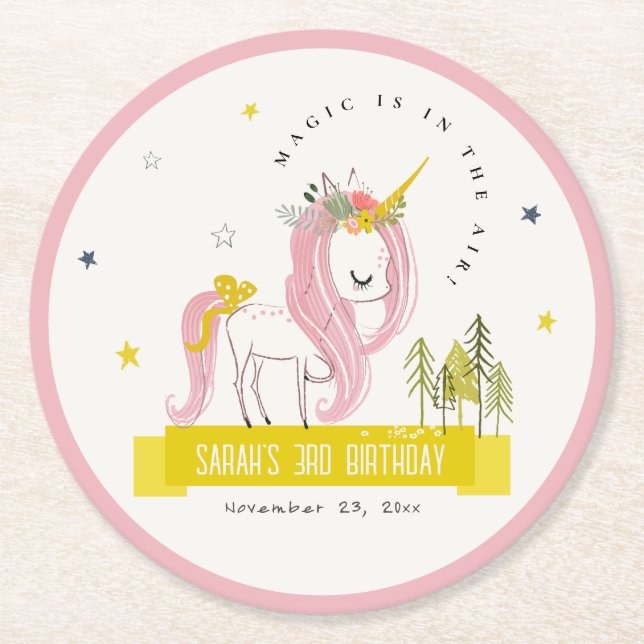 Cute Magical Unicorn Pink Yellow Kids Birthday Round Paper Coaster (Front)