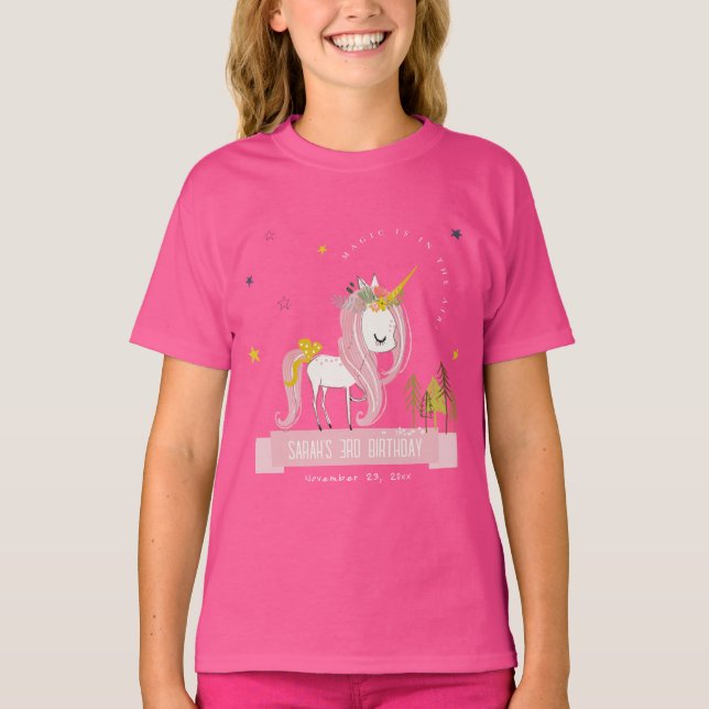 Cute Magical Unicorn Pink Yellow Kids Birthday T-Shirt (Front)