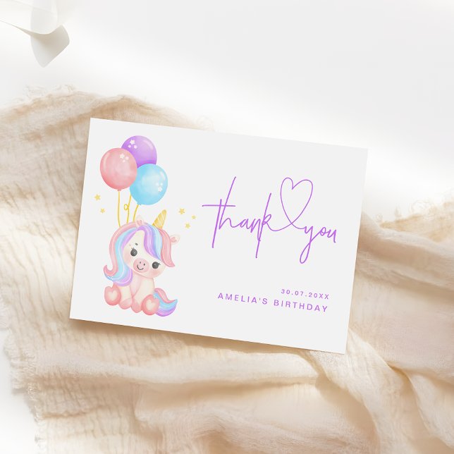 Cute Magical Unicorn Purple Girls Birthday Thank You Card (Creator Uploaded)