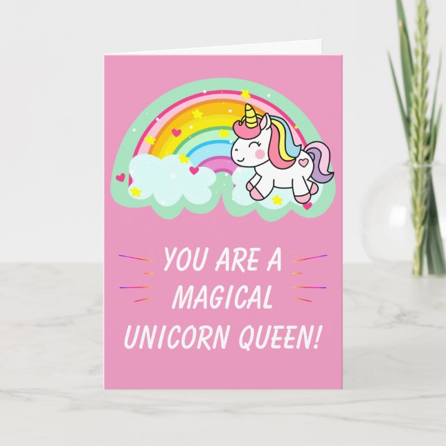 Cute Magical Unicorn Queen Pink Birthday Card (Front)