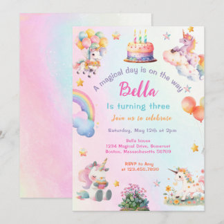 Cute Magical Unicorn Rainbow Girl Birthday Party Invitation