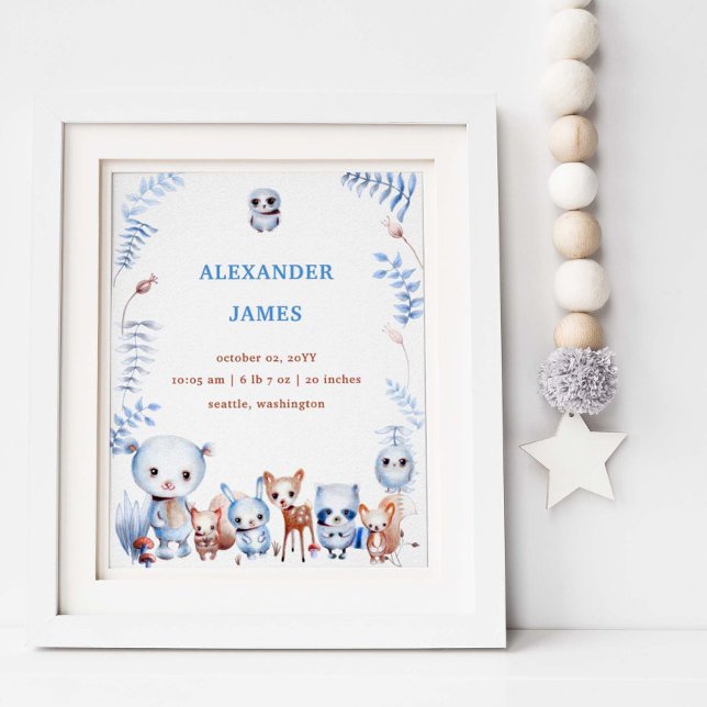 Cute Magical Woodland Animals Birth Stats Boy Baby Poster (Creator Uploaded)