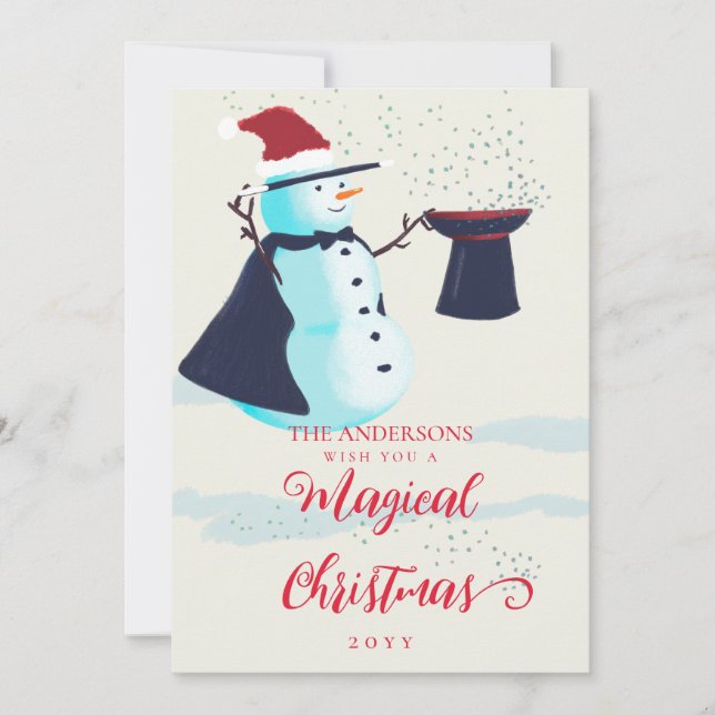 Cute Magician Snowman Santa Hat Magical Christmas Holiday Card (Front)