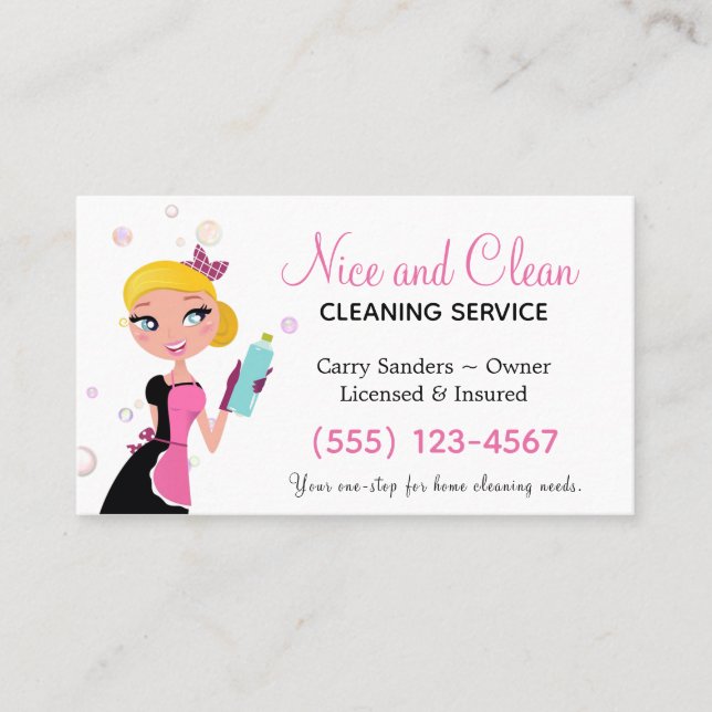 Cute Maid Polka Dot House Cleaning Service Business Card (Front)