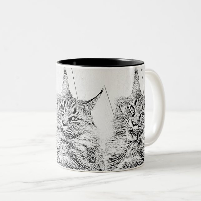 Cute Maine coon cat black and white graphic Two-Tone Coffee Mug (Front Right)