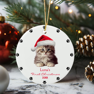 Cute Maine Coon Cat Santa Hat Paw Personalized  Ceramic Tree Decoration