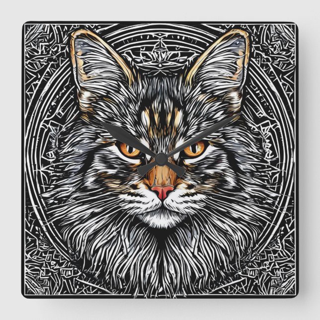 Cute Maine Coon Cat Square Wall Clock (Front)