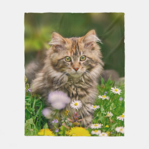 Cute Maine Coon Kitten Cat in Flower Meadow - cosy Fleece Blanket