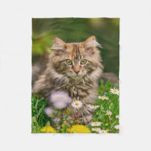 Cute Maine Coon Kitten Cat in Flowers Fleece Blanket