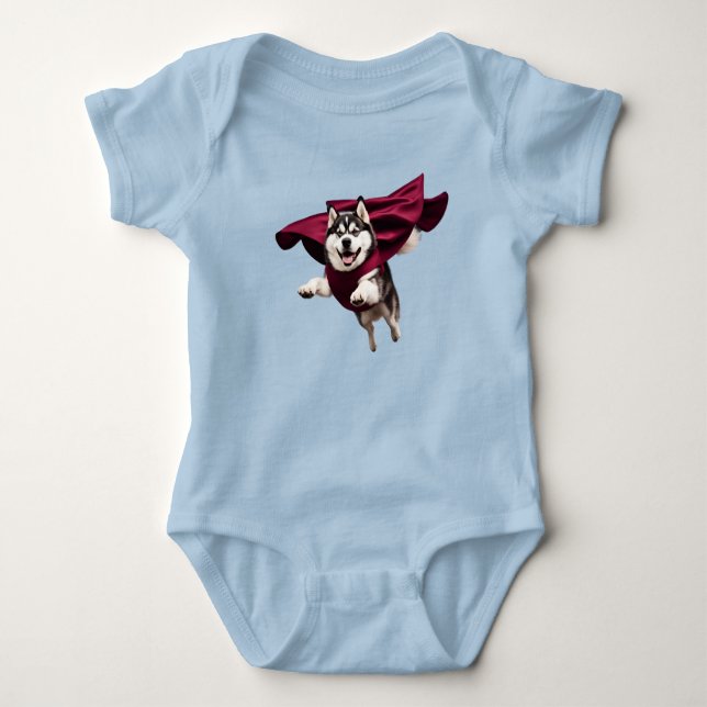 Cute Malamute Superhero  Baby Bodysuit (Front)