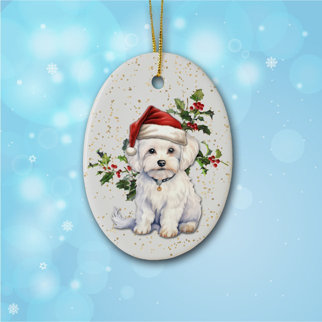 Cute Maltese Dog Christmas Holly Ceramic Tree Decoration (Creator Uploaded)