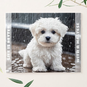 Cute Maltese Dog Puppy Fall Rain Custom Name Jigsaw Puzzle