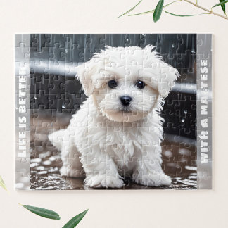 Cute Maltese Dog Puppy Fall Rain Custom Name Jigsaw Puzzle
