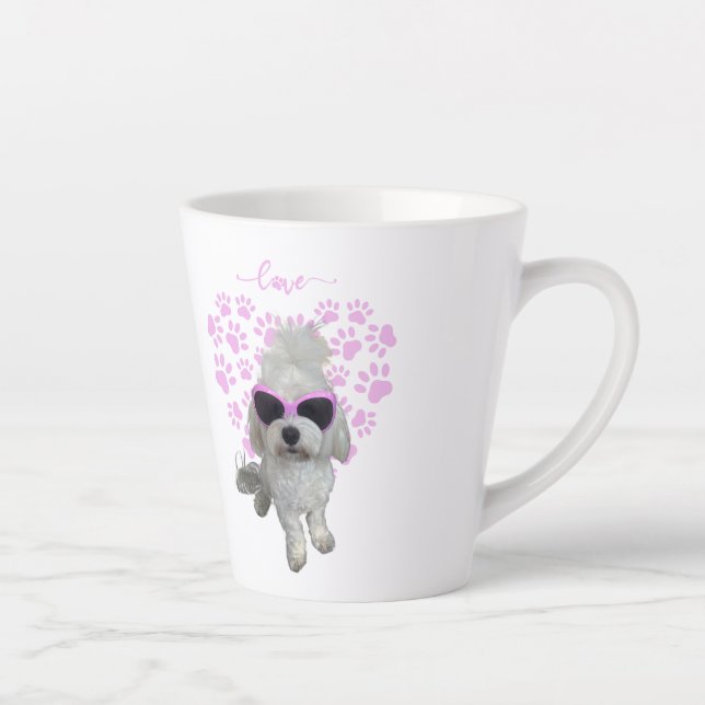 Cute Maltese Dog with Pink Sunglasses and Paw Love Latte Mug (Right)