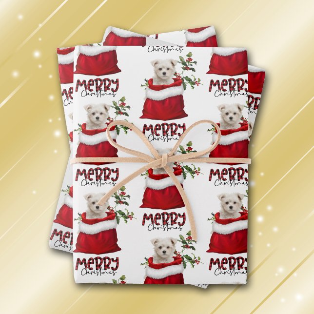 Cute Maltese Puppy Dog in Holiday Gift Bag Wrapping Paper Sheet (Creator Uploaded)