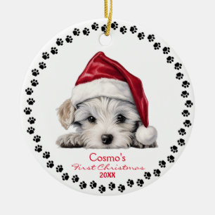 Cute Maltese Puppy Dog Santa Hat 1st Christmas Ceramic Tree Decoration