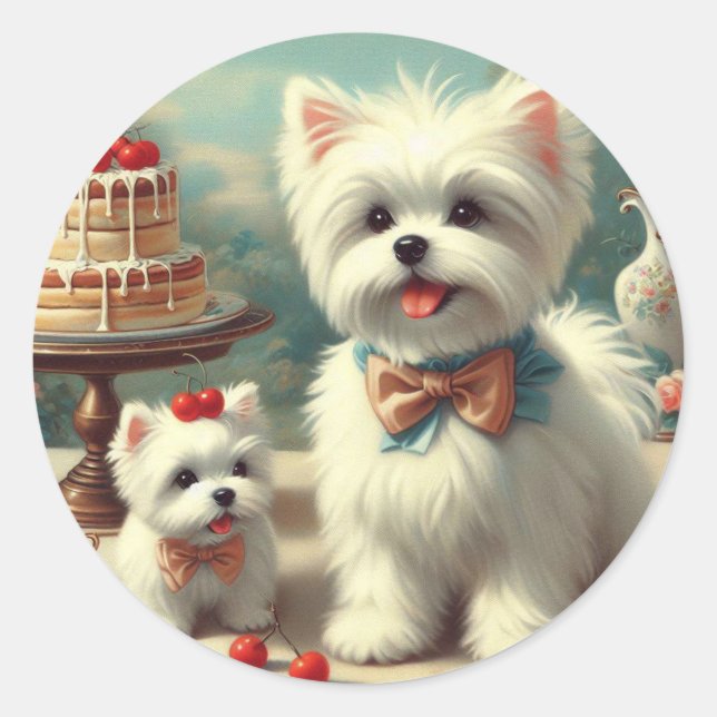 Cute Maltese Puppy Painting Classic Round Sticker (Front)