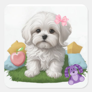 Cute Maltese Puppy Siting with her Toys Square Sticker