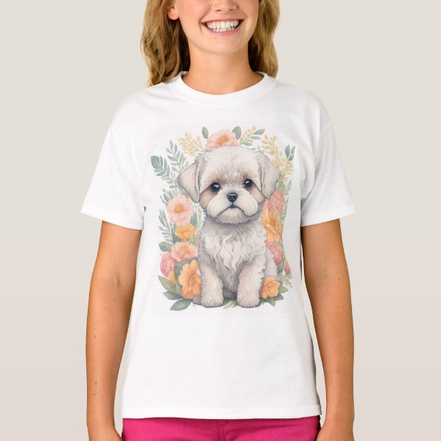 Cute Maltese Puppy with Summer Flowers T-Shirt (Front)