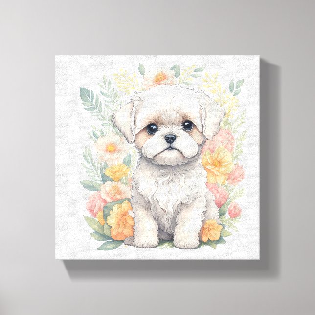 Cute Maltese Puppy with Summer Flowers Wall Art (Front)